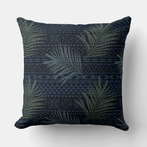 Blue Hawaiian Tribal Pattern With Palm Leaves Throw Pillow