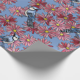 Blue Hay Daisy Blue Jay and Daisies Patte Wrapping Paper