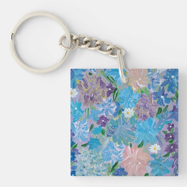 Blue Haze Floral Acrylic Square Key Chain (Front)