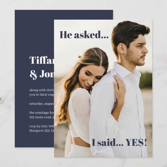 Blue He Asked I Said Yes Engagement Party  Invitation (Front/Back)