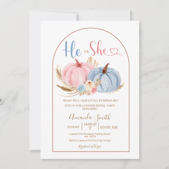 Blue He or She Boho Pink Pumpkin Gender Reveal Invitation (Front)