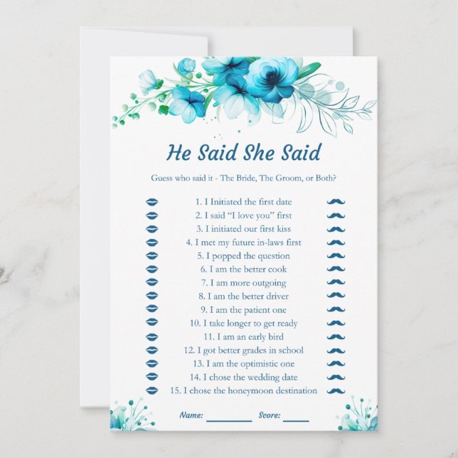 Blue He Said She Said Bridal Shower Game Card (Front)