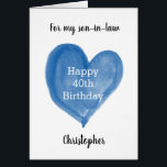 Blue Heart 40th Birthday Son-in-Law Cards<br><div class="desc">A personalized 40th birthday card for son-in-law that features a watercolor blue heart, which says "Happy 40th Birthday". The inside card message reads a sweet sentiment, which can be easily edited. The back of this personalized 40th birthday card for him features the same heart along with the year, which you...</div>