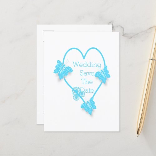 Blue Heart And Butterflies Design Wedding Announcement Postcard