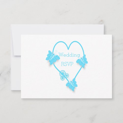 Blue Heart And Butterflies Design Wedding RSVP Card