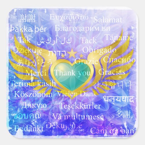 Blue Heart Angel Wings with THANK YOU 31 languages Square Sticker