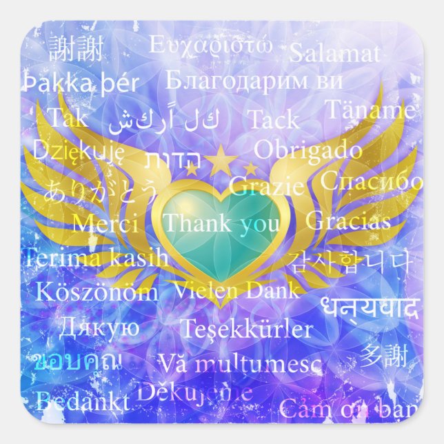 Blue Heart Angel Wings with THANK YOU 31 languages Square Sticker (Front)