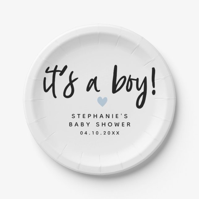 Blue Heart Baby Shower | It's A Boy Paper Plates (Front)
