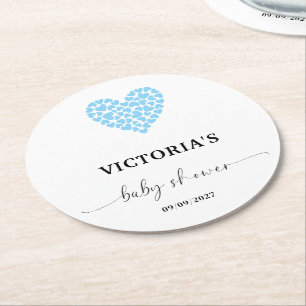 Blue Heart Baby Shower Party Round Paper Coaster