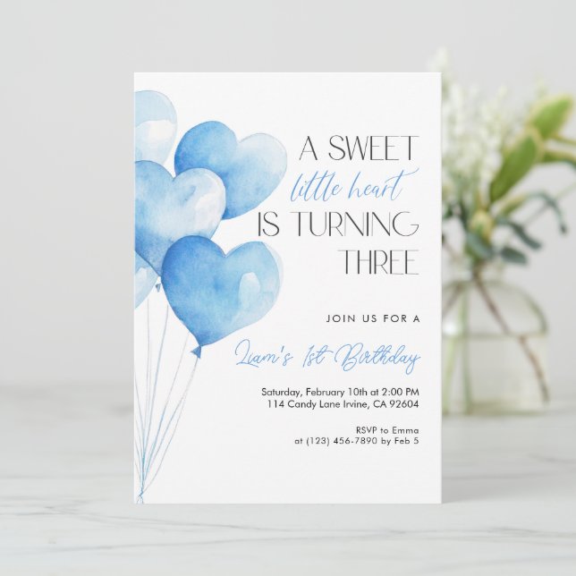 Blue Heart Balloon 3rd Birthday Invitation (Standing Front)