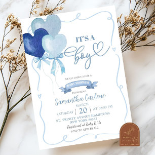 Blue Heart Balloon Baby Shower Invitation