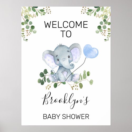 Blue Heart Balloon Elephant Baby Shower Welcome Poster