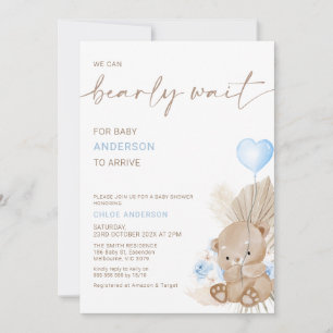 Blue Heart Balloon Floral Bearly Wait Baby Shower Invitation