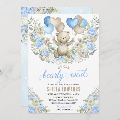 Blue Heart Balloon Teddy Bear Boy Baby Shower Invitation