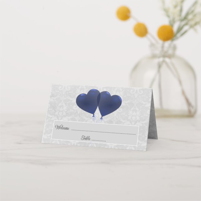 Blue Heart Balloons Reception Place Card (Front)