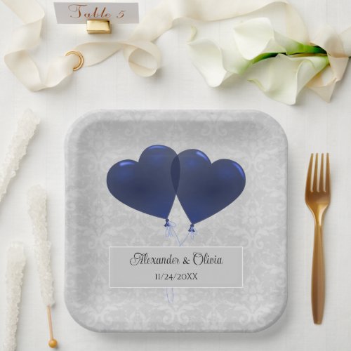 Blue Heart Balloons Wedding Shower Paper Plates