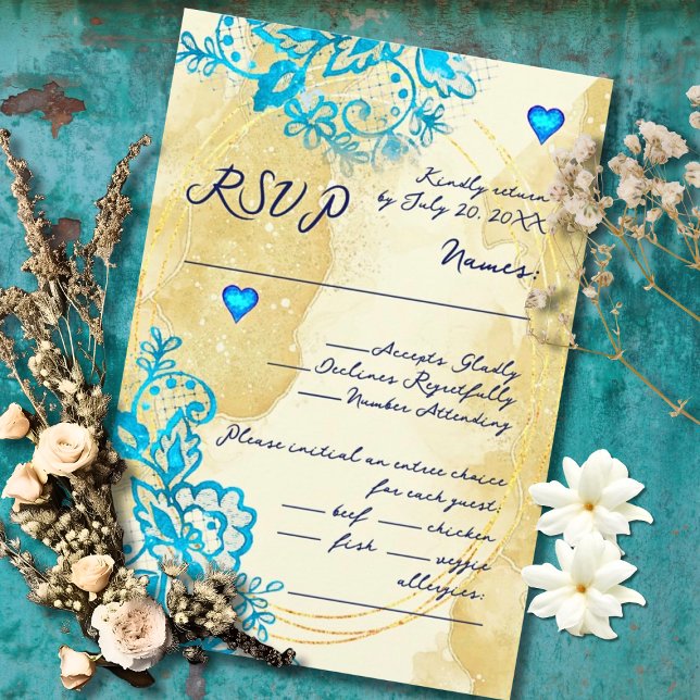 Blue Heart Baroque Gold Lace Mexican Wedding RSVP Card (Classic Baroque charm glows with blue hearts and intricate floral flourishes.)