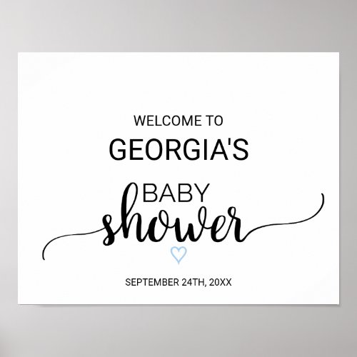 Blue Heart  Black Calligraphy Baby Shower Welcome Poster