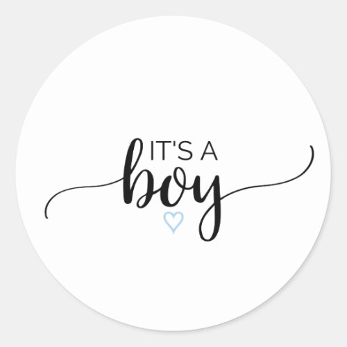 Blue Heart  Black Calligraphy Its A Boy Favor Classic Round Sticker