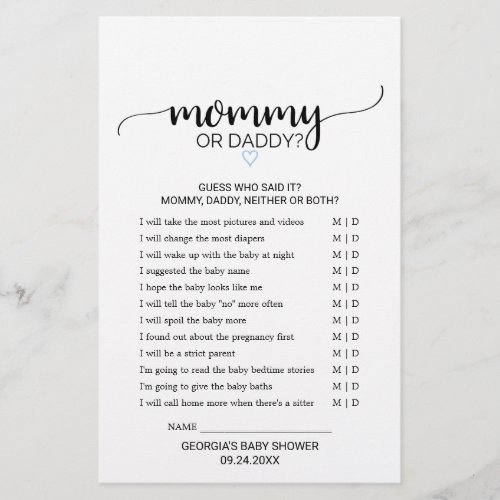 Blue Heart  Black Calligraphy Mommy or Daddy Game
