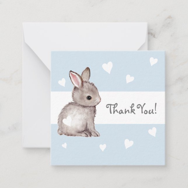 Blue Heart Bunny Baby Shower Thank You Notecard (Front)