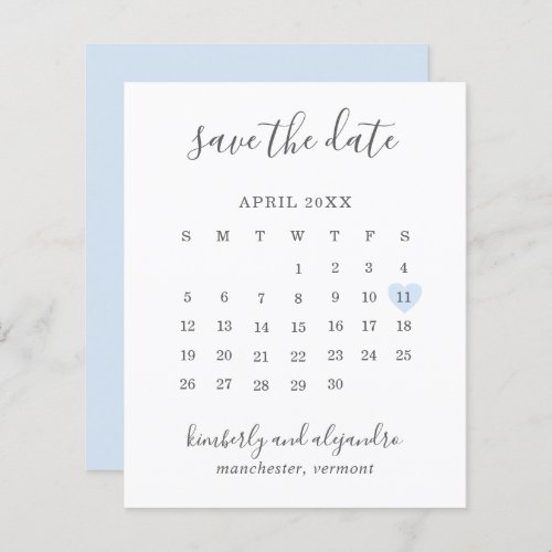 Blue Heart Calender Budget Wedding Save the Date