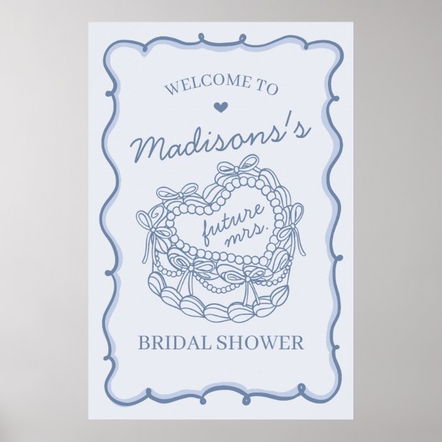 Blue Heart Coquette Cake Bridal Shower Welcome Poster (Front)
