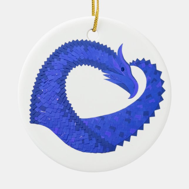 Blue heart dragon on white ceramic ornament (Front)