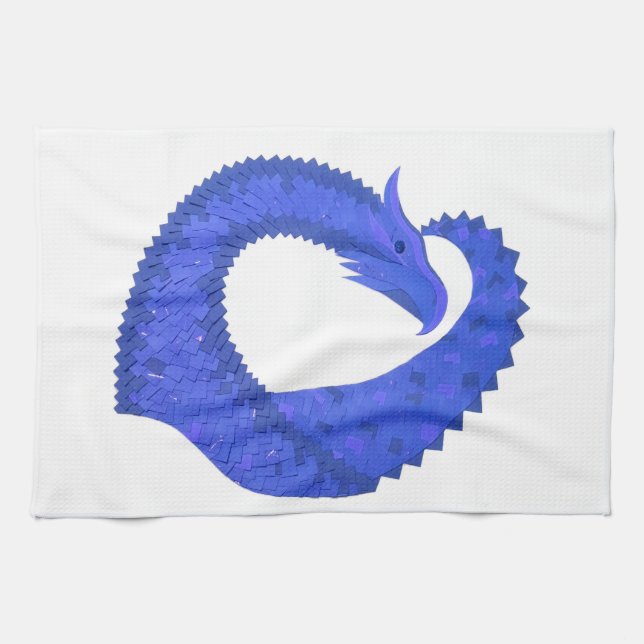 Blue heart dragon on white kitchen towel (Horizontal)