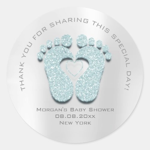 Blue Heart Feet Baby Shower Favor Gift Thank Aqua Classic Round Sticker