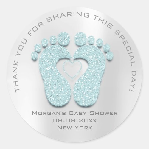 Blue Heart Feet Baby Shower Favor Gift Thank Gray Classic Round Sticker