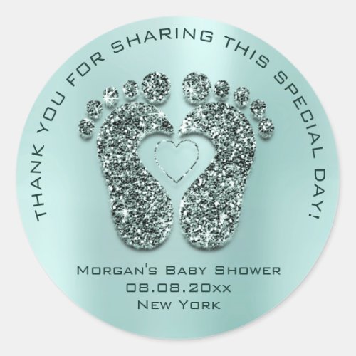 Blue Heart Feet Baby Shower Favor Gift Thank Teal Classic Round Sticker