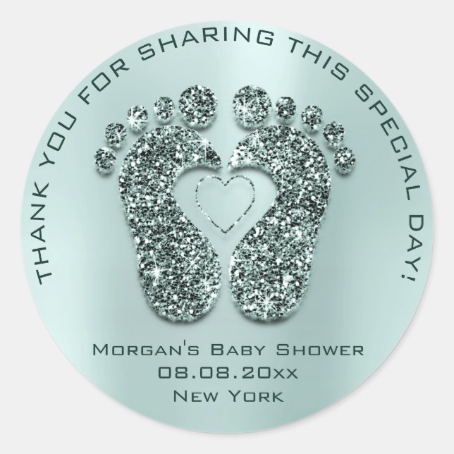 Blue Heart Feet Baby Shower Favor Gift Thank Teal Classic Round Sticker (Front)