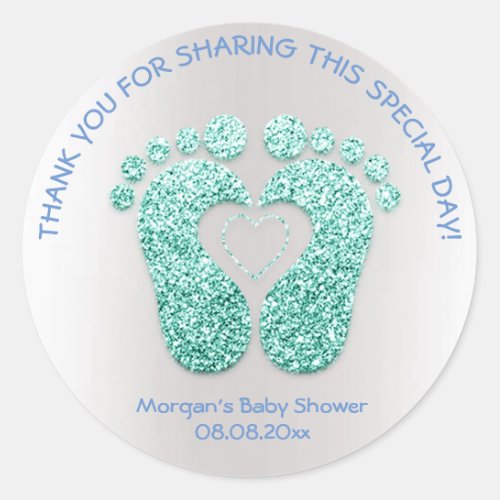 Blue Heart Feet Baby Shower Favor Thank Mint Boy Classic Round Sticker