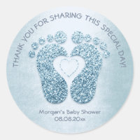 Blue Heart Feet Baby Shower Favor Thank You Boy Classic Round Sticker