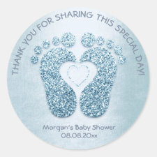 Blue Heart Feet Baby Shower Favor Thank You Boy Classic Round Sticker