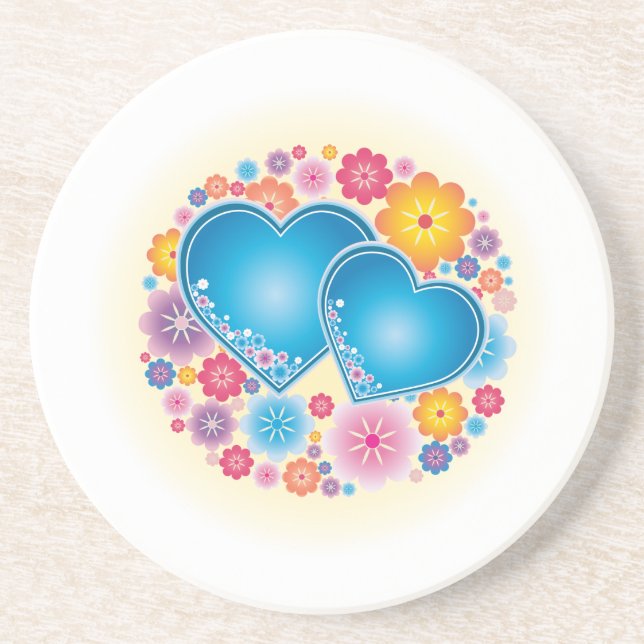 Blue Heart Floral Drink Coaster (Front)