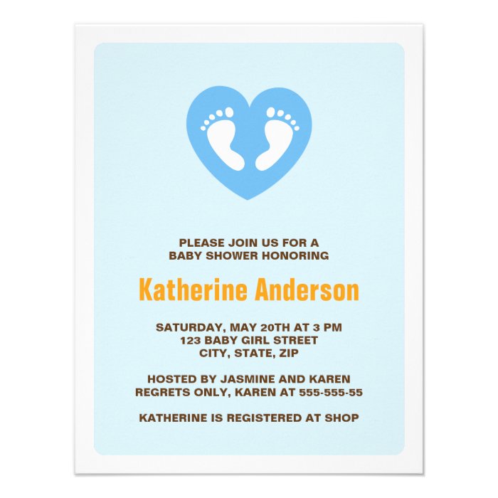 Blue heart foot prints baby shower invitation