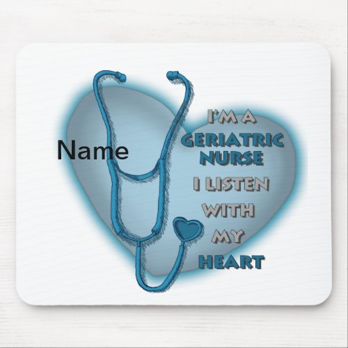 Blue Heart Geriatric Nurse custom name Mouse Pad