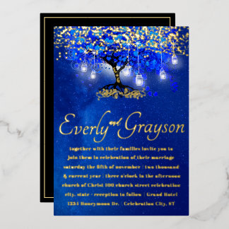 Blue Heart Leaf Tree Gold Wedding Foil Invitation