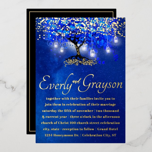 Blue Heart Leaf Tree Gold Wedding  Foil Invitation (Front/Back)