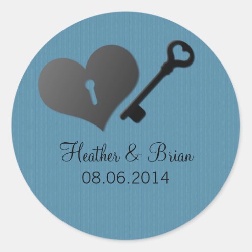 Blue Heart Lock and Key Wedding Stickers