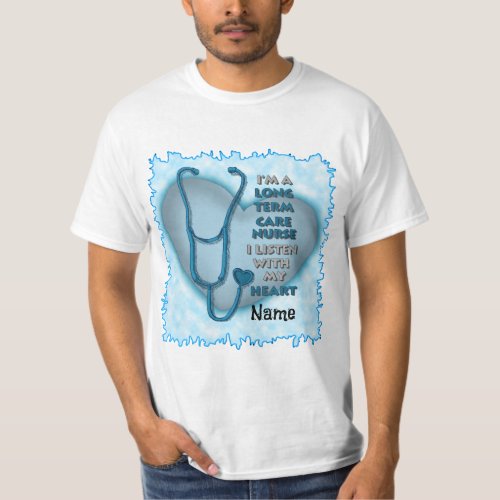 Blue Heart Long Term Care Nurse custom name pin T_Shirt