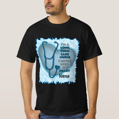 Blue Heart Long Term Care Nurse custom name  T_Shirt