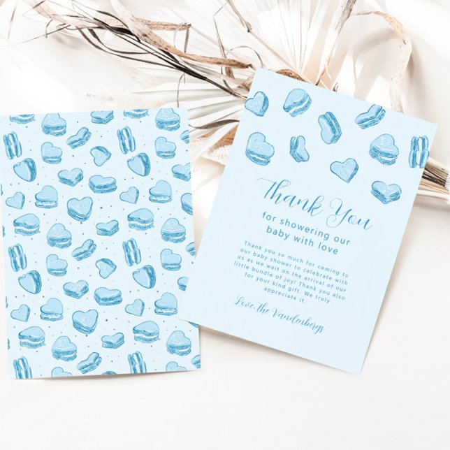 Blue Heart Macaron Boy Baby Shower Thank You Card (Creator Uploaded)