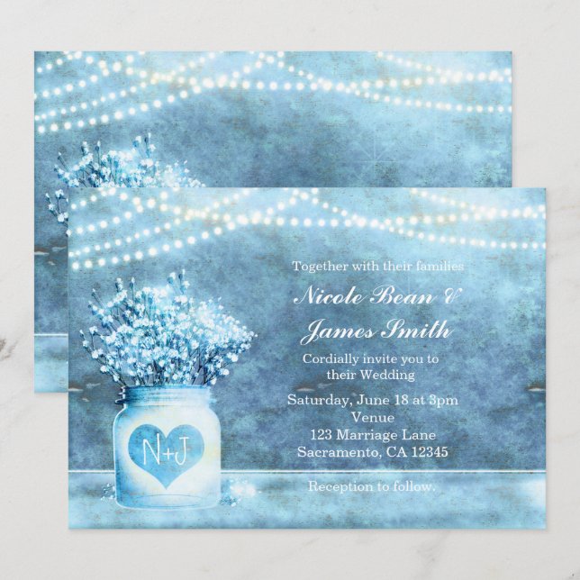 Blue Heart Mason Jar & Baby's Breath Invitation (Front/Back)