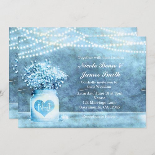 Blue Heart Mason Jar  Babys Breath Invitation