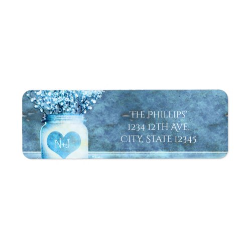 Blue Heart Mason Jar  Babys Breath Invitation Label