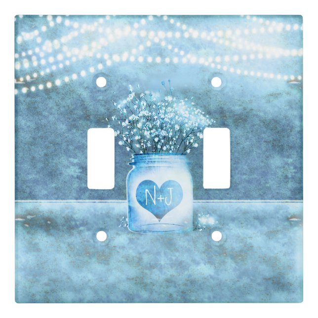Blue Heart Mason Jar & Baby's Breath Rustic Light Switch Cover (Front)