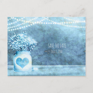 Blue Heart Mason Jar & Baby's Breath Save The Date Announcement Postcard